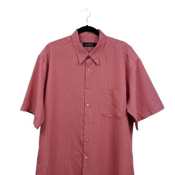 Bugatchi Uomo Plaid Shirt Button Down Short Sleeves Pen Pocket Red White‎ Men XL - Picture 2 of 6